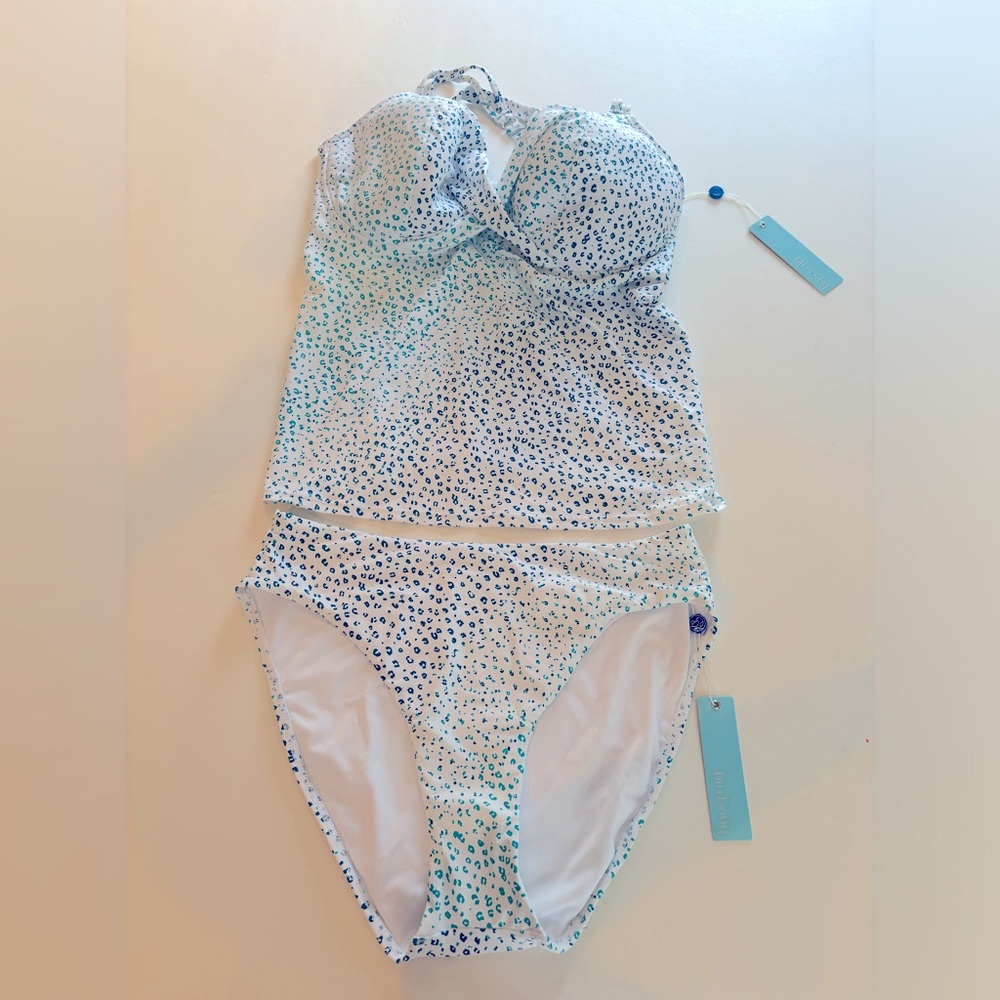 BIRDSONG NWT Sz 34I XL Tankini Set SWIMSUIT in Blue and White
